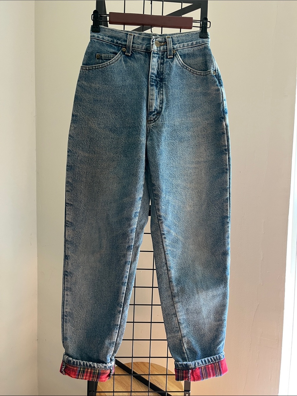 Vintage LL Bean Red Plaid Fully Lined Flannel Jeans* Stonewashed*WorkWorn* 26x28